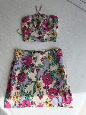 Zara Floral Two-Piece Crop Top and Skirt Set in Pink, Yellow, Green